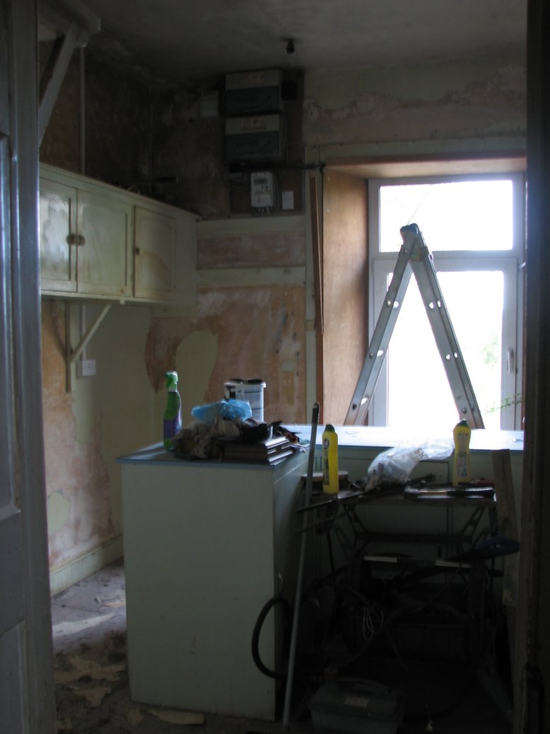 One of the big achievements of April was turning the kitchen into a useable space (this is the view from the hallway into the kitchen)